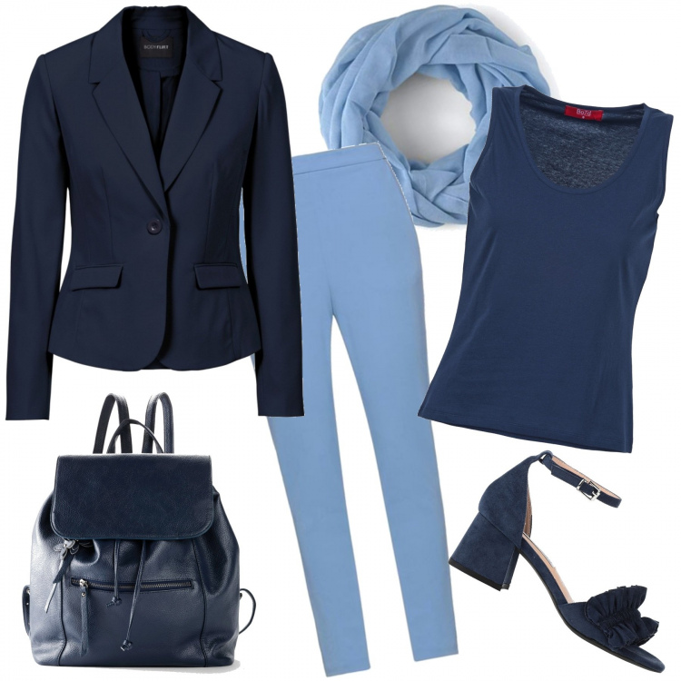 Outfit donna - Nuances blu cielo. Stile Chic per Tutti i giorni. Abbinamento con blazer, zaini, sandali col tacco, pantaloni, top, sciarpe.