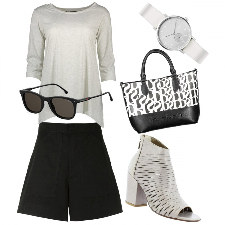 Outfit donna - Shorts a vita alta. Stile Trendy per Serata fuori. Abbinamento con stivaletti, shorts, t-shirt, occhiali da sole, orologi analogici, pochette.