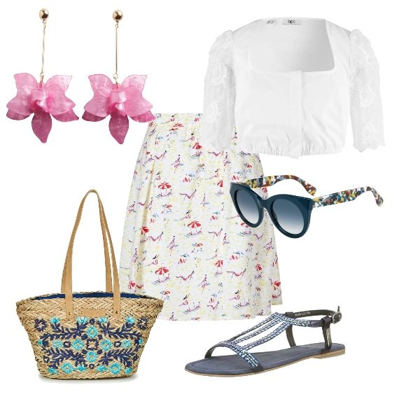 Outfit donna - Passeggiata sul lungomare. Stile Bon Ton per Mare. Abbinamento con camicie, borsa in paglia beige, occhiali da sole, gonna forma svasata fantasia, orecchini rosa, sandali blu.