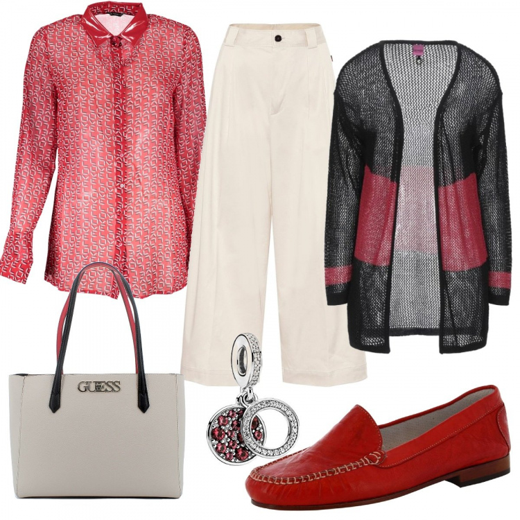 Outfit donna - Guess. Stile Trendy per Ufficio. Abbinamento con cardigans, mocassini, shopping bag, camicie, pantaloni, ciondoli.