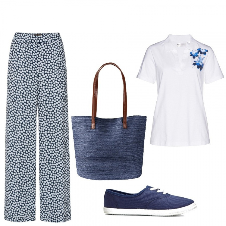 Outfit donna - Outfit blu <65€. Stile Basic per Tutti i giorni. Abbinamento con sneakers, pantaloni, polo, shopping bag.