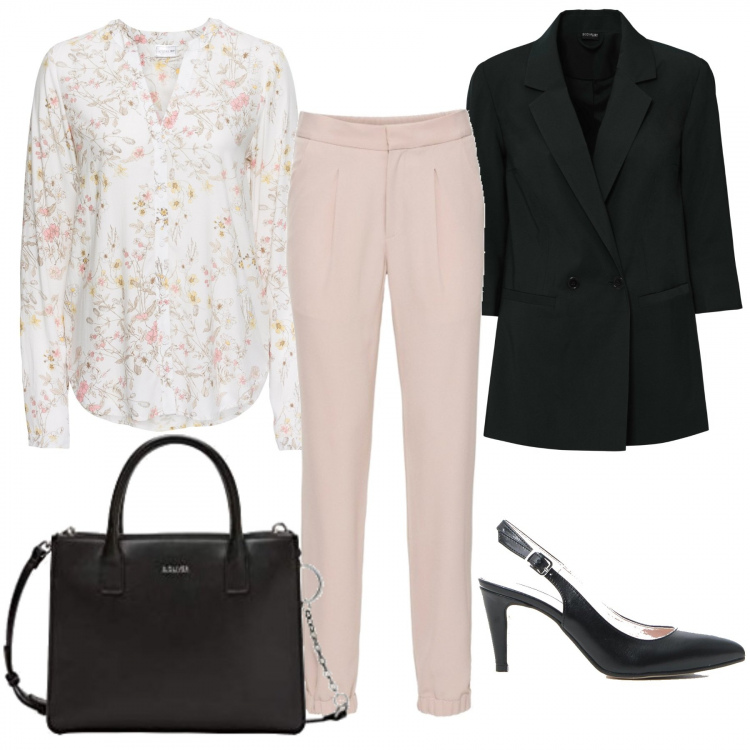Outfit donna - In ufficio con la borsa nera. Stile Trendy per Ufficio. Abbinamento con camicie, pantaloni, blazer, décolleté, borse tote.