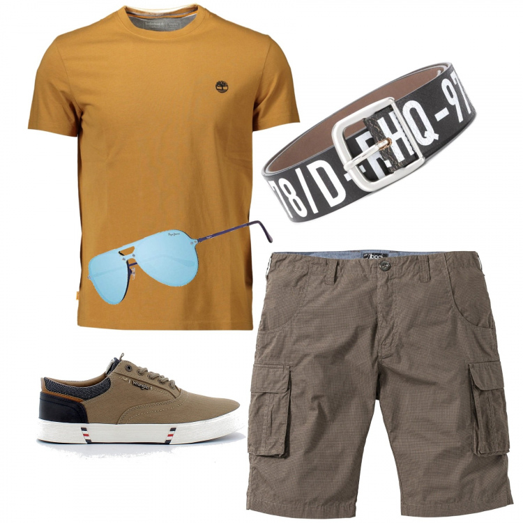 Outfit uomo - Bermuda marrone cacao. Stile Urban per Tutti i giorni. Abbinamento con bermuda, cinture, sneakers, t-shirt, occhiali da sole.