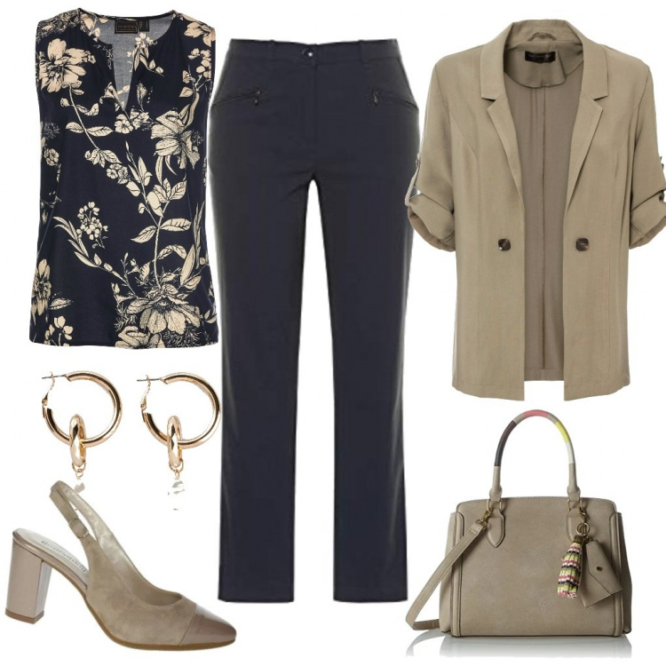Outfit donna - In primavera...blazer regnat. Stile Basic per Tutti i giorni. Abbinamento con top, blazer, orecchini, décolleté, pantaloni, borse a mano.