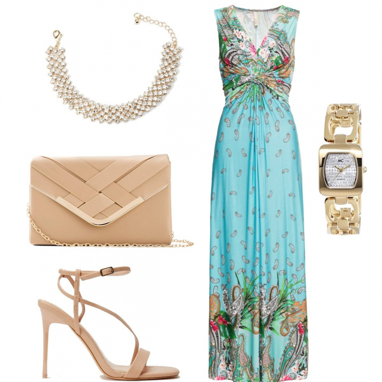 Outfit donna - Elegante in low cost si può. Stile Chic per Cerimonia. Abbinamento con gonne, vestiti lunghi, braccialetti, sandali col tacco, orologi.