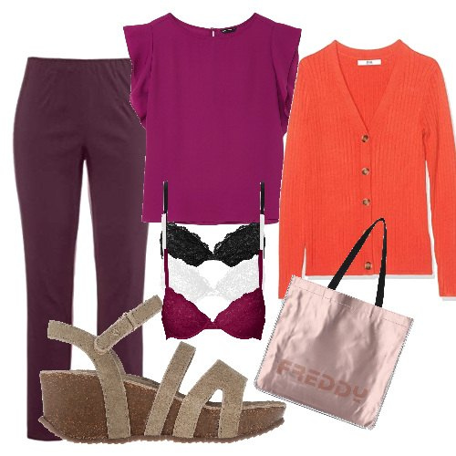 Outfit donna - Contrasti ametista. Stile Trendy per Ufficio. Abbinamento con reggiseni push-up, sandali col tacco, shopping bag, bluse, pantaloni, cardigans.