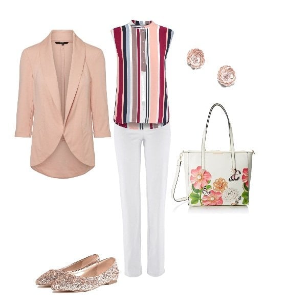 Outfit donna - Bon Ton #5129. Stile Bon Ton per Ufficio. Abbinamento con pantaloni, ballerine, top loose fit con stampa collo tondo senza maniche bianco, orecchini a bottone fantasia floreale in denim, blazer a maniche 3/4 elasticizzato rosa, borsa tote in pelle bianco.
