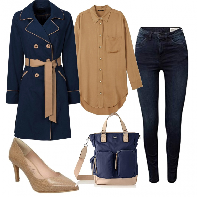 Outfit donna - Blu e caramello. Stile Basic per Ufficio. Abbinamento con trench, décolleté, camicie, jeans, borse a tracolla.