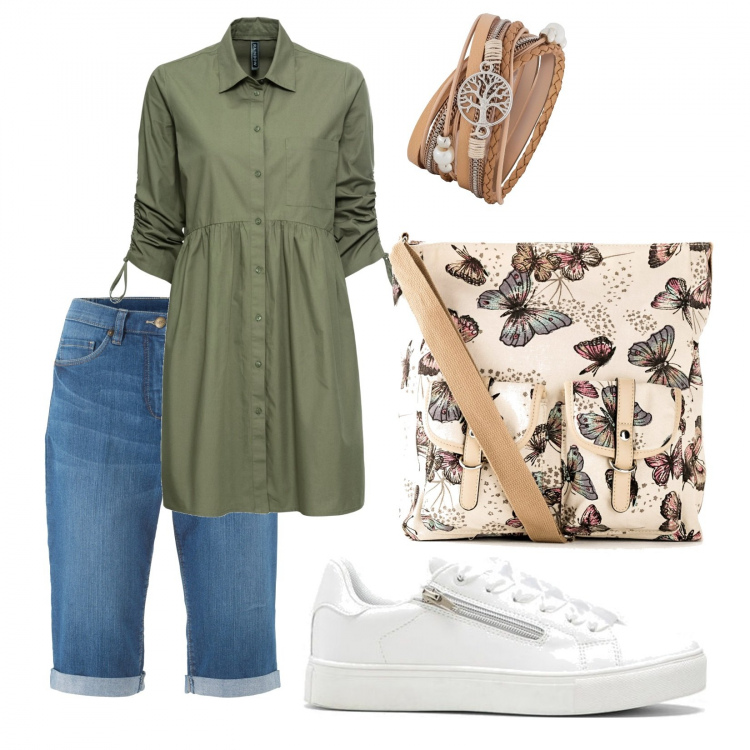 Outfit donna - Bonprix. Stile Trendy per Tutti i giorni. Abbinamento con borse a tracolla, braccialetti, camicie, bermuda, sneakers.