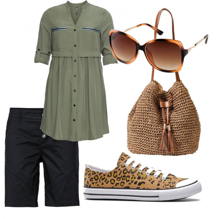 Outfit donna - Bonprix. Stile Trendy per Tutti i giorni. Abbinamento con vestiti chemisier, borse a mano, shorts, sneakers, occhiali da sole.