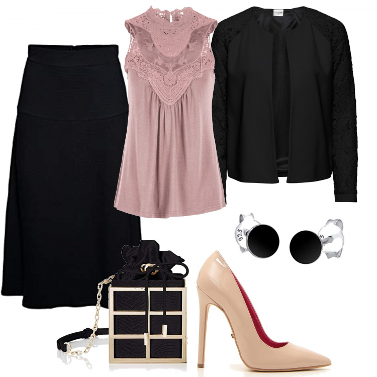 Outfit donna - Bon Ton /Low Cost. Stile Bon Ton per Serata fuori. Abbinamento con blazer, top, gonne longuette, orecchini, décolleté, borse a mano.