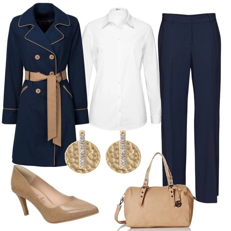 Outfit donna - Discreta eleganza. Stile Basic per Tutti i giorni. Abbinamento con trench, camicie, pantaloni, décolleté, borse a mano, orecchini.