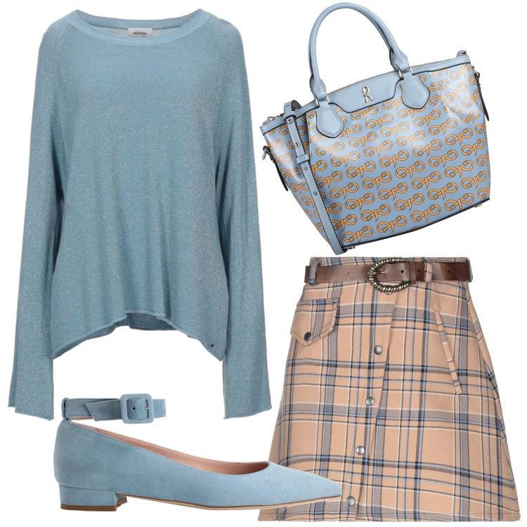 Outfit donna - Bon ton beige e celeste. Stile Bon Ton per Ufficio. Abbinamento con pullovers, minigonne, ballerine, borse a mano.