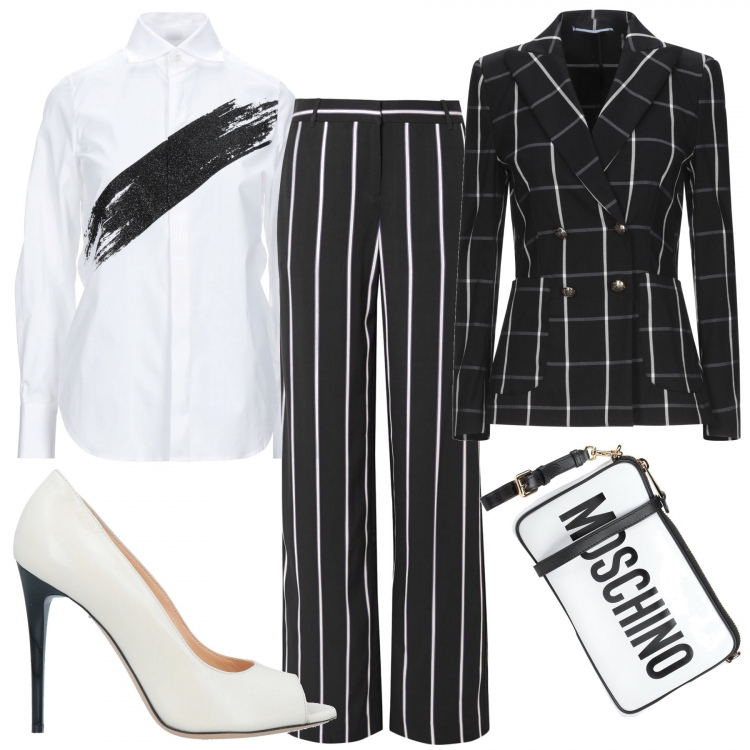 Outfit donna - Camicia bianca, righe e quadri. Stile Chic per Ufficio. Abbinamento con blazer, borse a mano, pantaloni, camicie, décolleté.