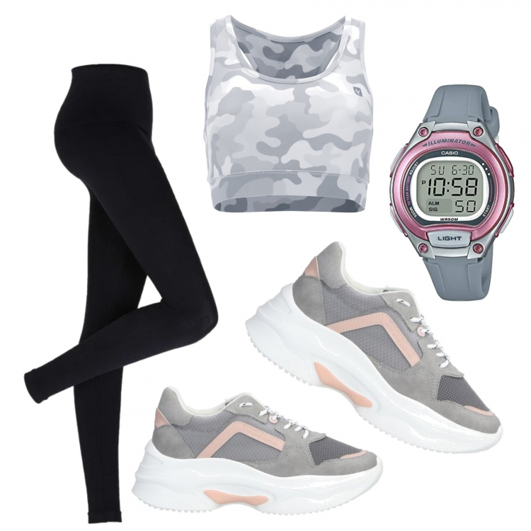 Outfit donna - Corsa mattutina!. Stile Basic per Tutti i giorni. Abbinamento con leggings, sneakers, reggiseni, orologi digitali.