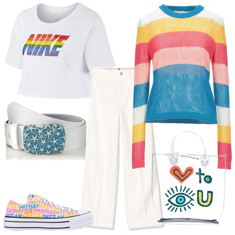 Outfit donna - Curvy: rainbow style. Stile Basic per Tutti i giorni. Abbinamento con pullovers, sneakers, borse tote, jeans dritti, t-shirt, cinture.