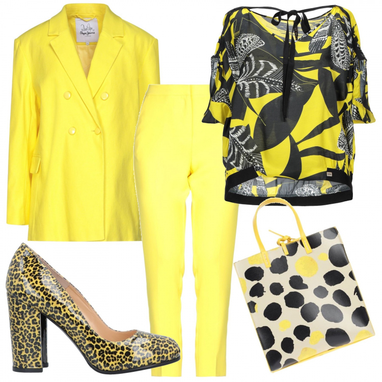 Outfit donna - Monday Style: giallo e nero. Stile Trendy per Ufficio. Abbinamento con bluse, borse a mano, blazer, décolleté, pantaloni.