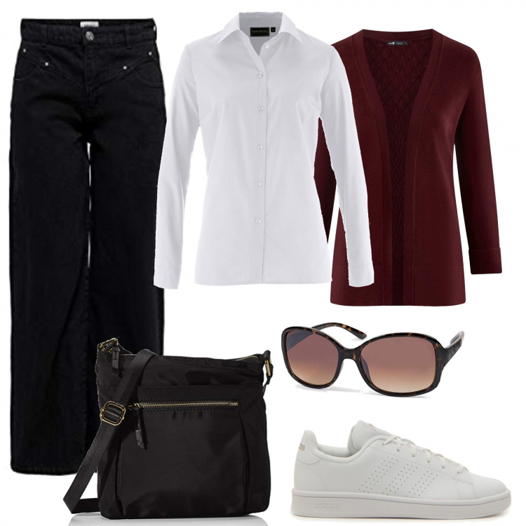 Outfit donna - Camicia Bianca/Low Cost. Stile Trendy per Scuola/Università. Abbinamento con camicie, jeans, cardigans, sneakers, occhiali da sole, borse a tracolla.