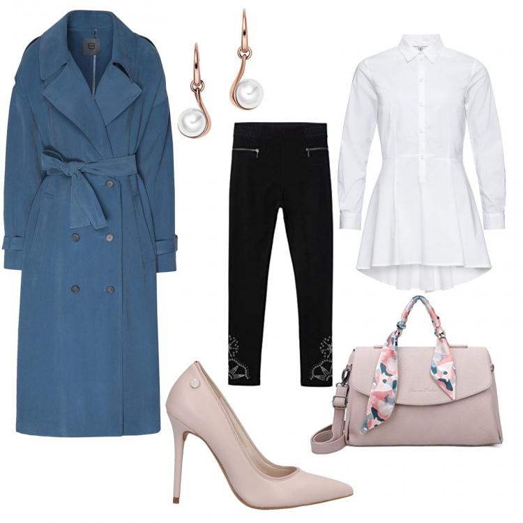 Outfit donna - Simply. Stile Chic per Ufficio. Abbinamento con camicie, décolleté, trench, leggings, borse a tracolla, orecchini.