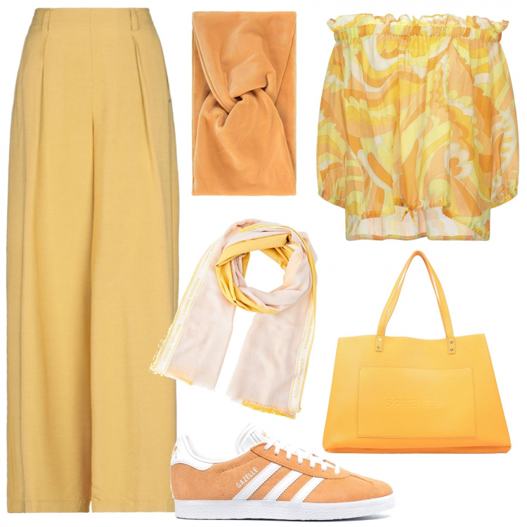 Outfit donna - Tall: tutti i colori del sole. Stile Chic per Tutti i giorni. look ideale per Tall. Abbinamento con pantaloni, bluse, borse a spalla, sneakers, sciarpe, fasce per capelli.