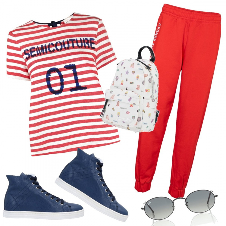 Outfit donna - Urban #10012. Stile Urban per Tutti i giorni. Abbinamento con sneakers alte, zaini, t-shirt, occhiali da sole, pantaloni.