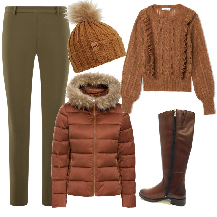 Outfit donna - Urban #10028. Stile Urban per Tutti i giorni. Abbinamento con giacche, pullovers, stivali, pantaloni, berretti.