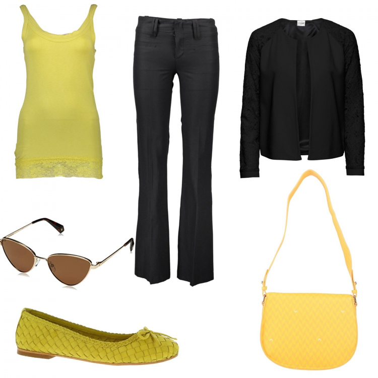 Outfit donna - Monday style: giallo sole. Stile Basic per Ufficio. Abbinamento con blazer, borse a cartella, ballerine, pantaloni, canottiere, occhiali da sole.