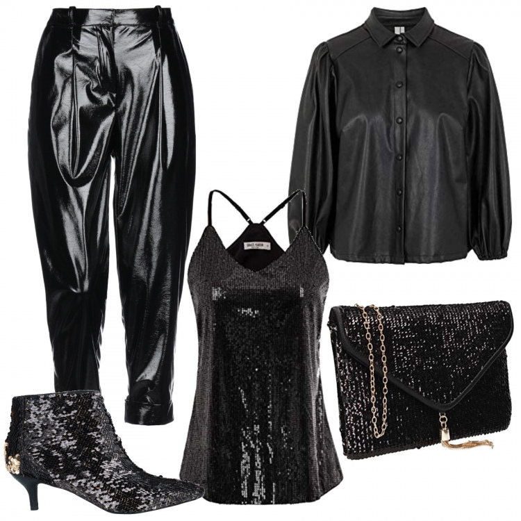 Outfit donna - Tall: pantaloni Capri e paillettes. Stile Trendy per Serata fuori. look ideale per Tall. Abbinamento con pantaloni capri, stivaletti, canottiere, camicie, pochette.