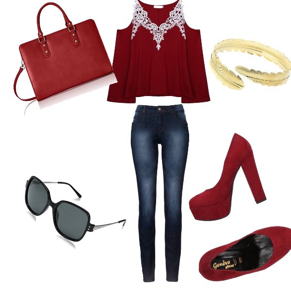 Outfit donna - Red passion. Stile Trendy per Tutti i giorni. Abbinamento con jeans skinny, décolleté effetto scamosciato con tacco geometrico e punta tonda tinta unita, borsa a mano rosso, maglia crochet rosso, bracciale collo aperto oro, occhiali da sole nero.