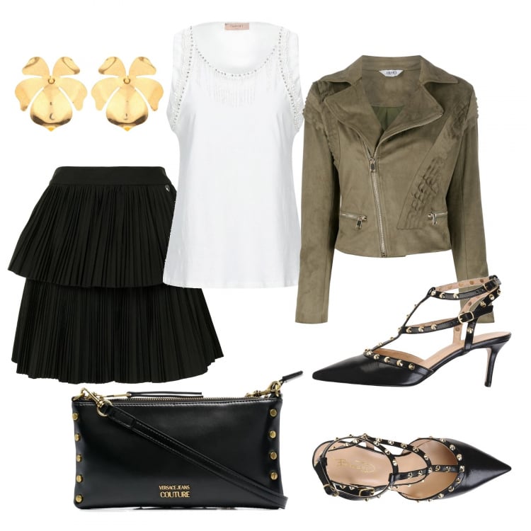 Outfit donna - Design a strati. Stile Trendy per Serata fuori. Abbinamento con top, décolleté, blazer, gonne, borse a tracolla, orecchini.