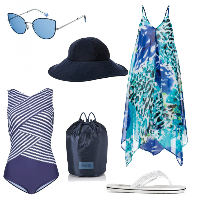Outfit donna - Pranzo in spiaggia. Stile Trendy per Mare. Abbinamento con costumi interi, vestiti da spiaggia, infradito, occhiali da sole, zaini, cappelli.