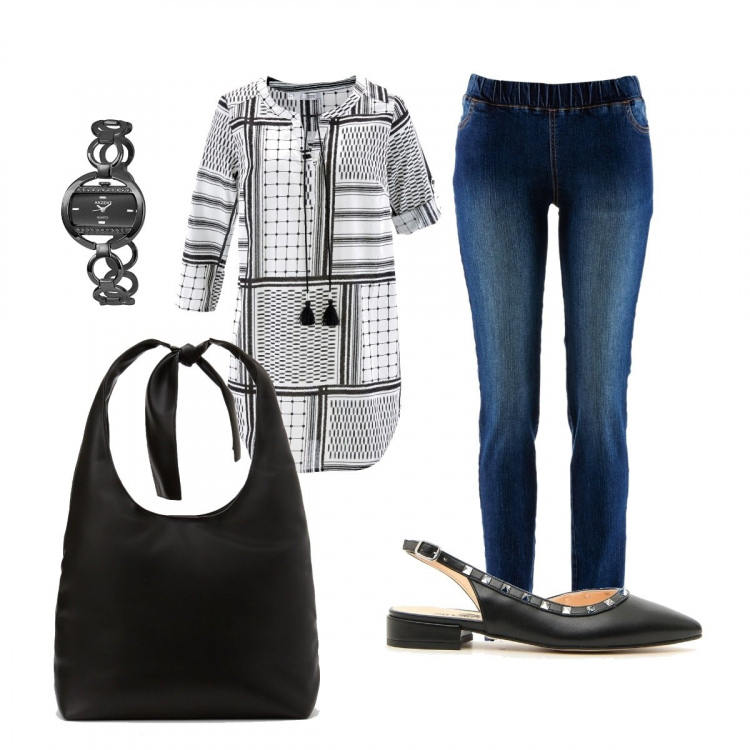 Outfit donna - Camicia lunga. Stile Basic per Tutti i giorni. Abbinamento con tuniche, treggings, borse a spalla, ballerine, orologi.