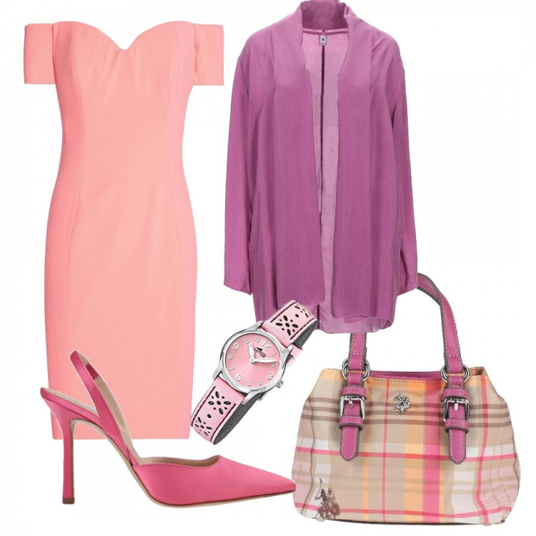 Outfit donna - Nuance di rosa. Stile Chic per Cerimonia. Abbinamento con vestiti corti, décolleté, borse a mano, blazer, orologi.