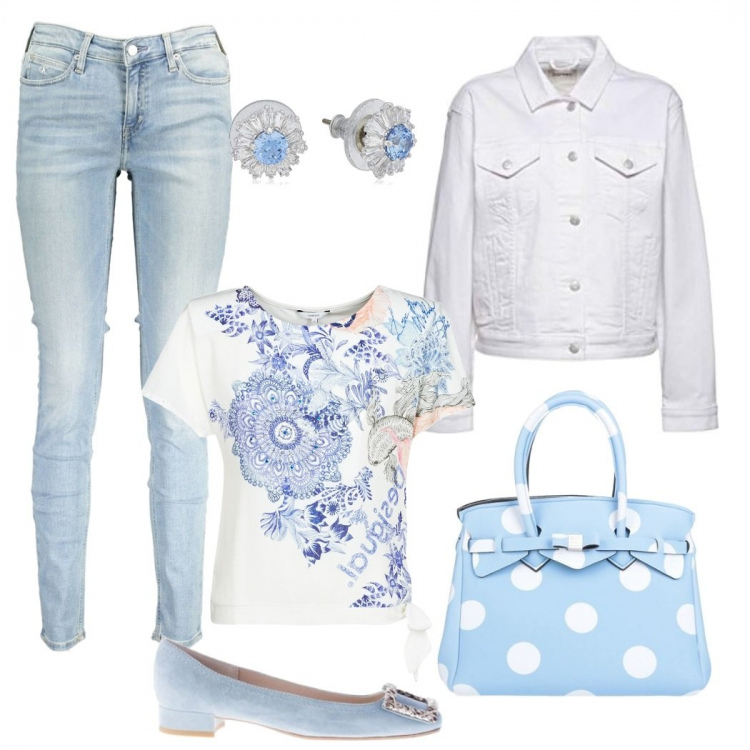 Outfit donna - Azzurro baby. Stile Basic per Tutti i giorni. Abbinamento con borse a mano, t-shirt, décolleté, jeans, blazer, orecchini.
