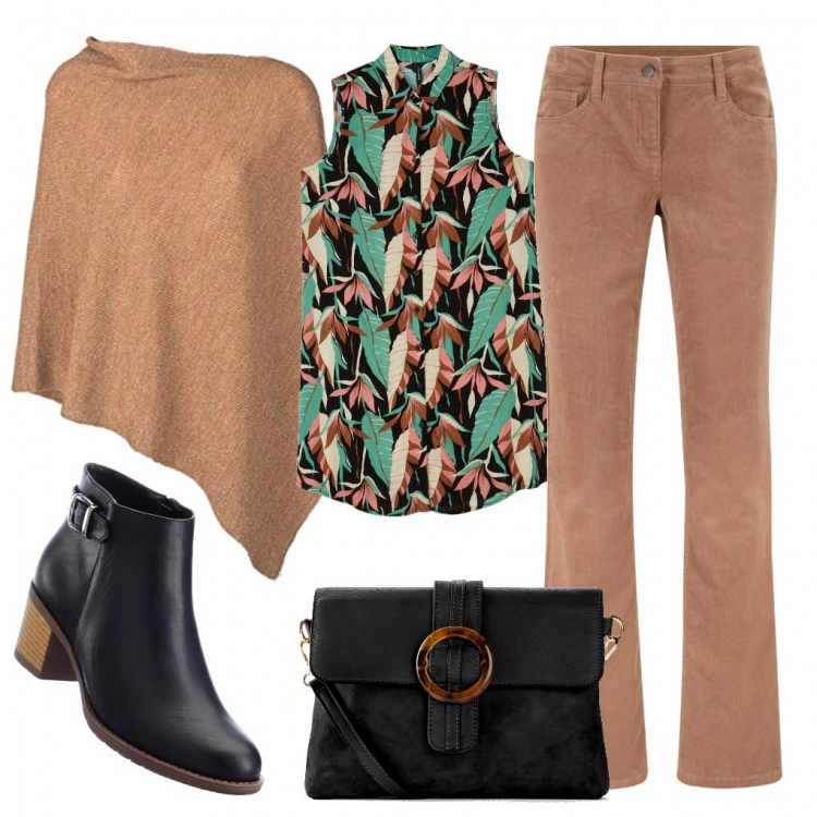 Outfit donna - La bluse fantasia. Stile Basic per Tutti i giorni. Abbinamento con pantaloni, stivaletti, borse a tracolla, bluse, cappotti.