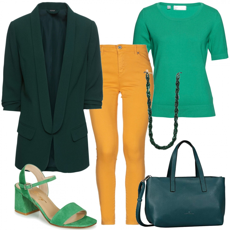 Outfit donna - Nuances di verde speranza. Stile Trendy per Tutti i giorni. Abbinamento con blazer, maglioni, pantaloni, sandali, occhiali da sole, borse tote.