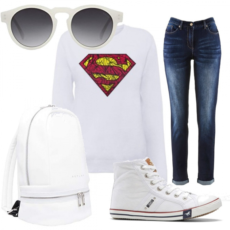 Outfit donna - S di Superman. Stile Basic per Tutti i giorni. Abbinamento con jeans boyfriend, sneakers alte, felpe, zaini, occhiali da sole.