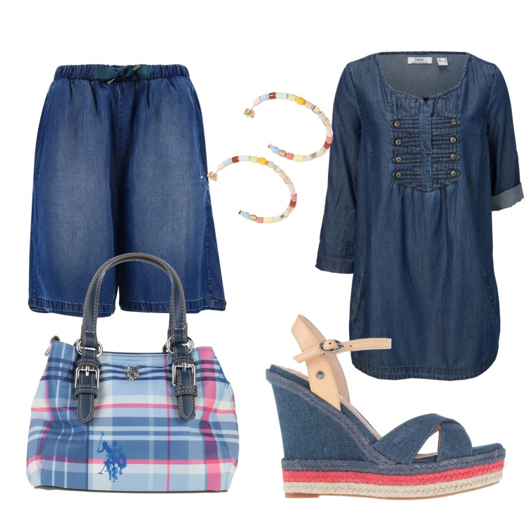 Outfit donna - Completino corto in jeans. Stile Trendy per Mare. Abbinamento con bluse, sandali col tacco, borse a mano, orecchini, bermuda.