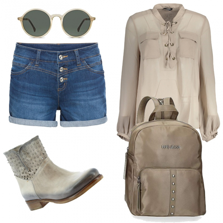 Outfit donna - Look da modella. Stile Trendy per Tutti i giorni. Abbinamento con shorts, stivaletti, camicie, zaini, occhiali da sole.