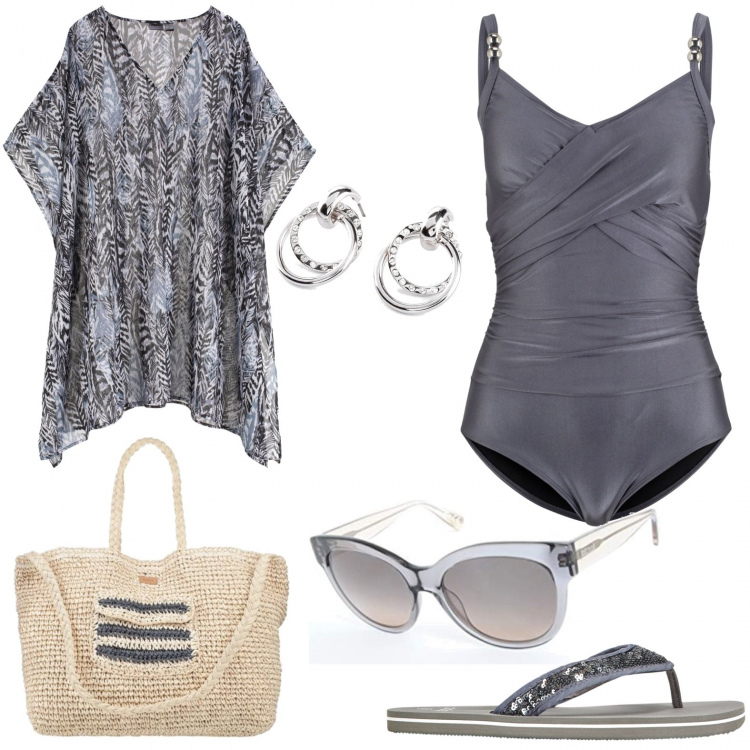 Outfit donna - Anche gli orecchini in spiaggia. Stile Basic per Mare. Abbinamento con infradito, costumi interi, vestiti da spiaggia, orecchini, borse a mano, occhiali da sole.