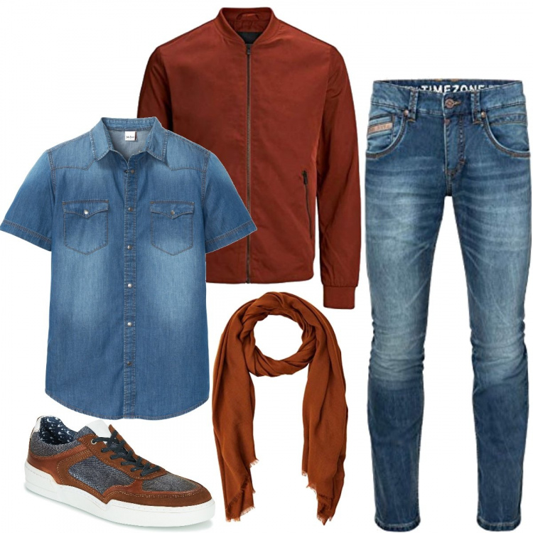 Outfit uomo - Il giubbino ruggine. Stile Casual per Tutti i giorni. Abbinamento con camicie a manica corta, sneakers, giacche, sciarpe, jeans slim fit.