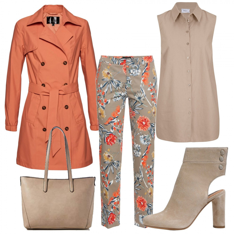 Outfit donna - Il trench aranciato. Stile Trendy per Tutti i giorni. Abbinamento con pantaloni, camicie, trench, stivaletti, borse tote.