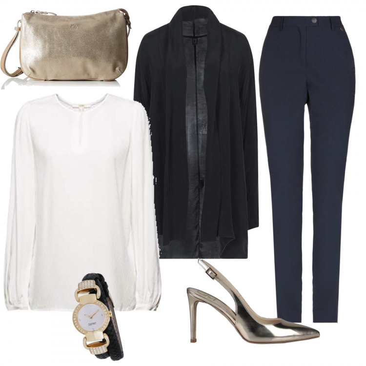 Outfit donna - Chic prezioso. Stile Chic per Ufficio. Abbinamento con pantaloni, blazer, décolleté, camicie, orologi, borse a tracolla.