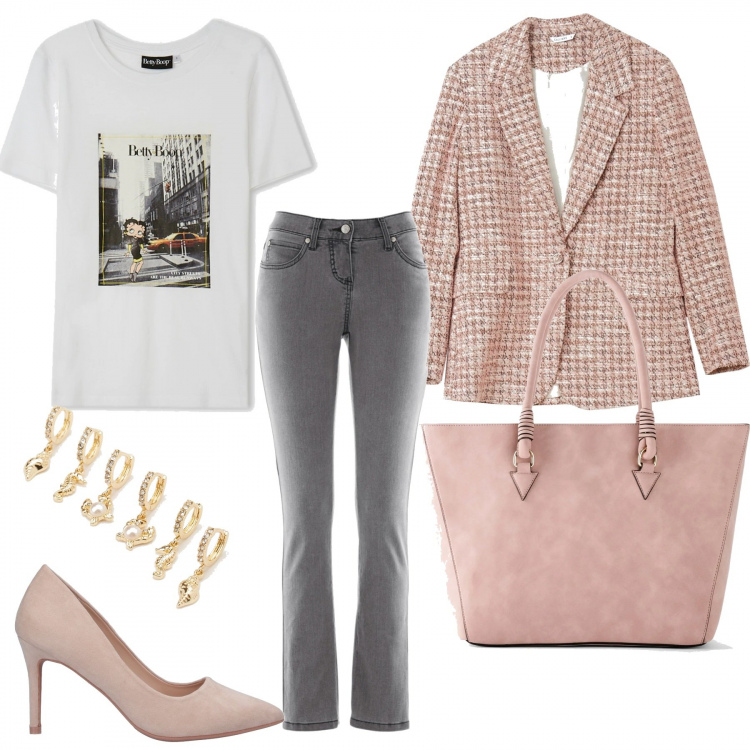 Outfit donna - Décolleté e blazer. Stile Trendy per Tutti i giorni. Abbinamento con jeans slim fit, shopping bag, décolleté, giacche, t-shirt, orecchini.