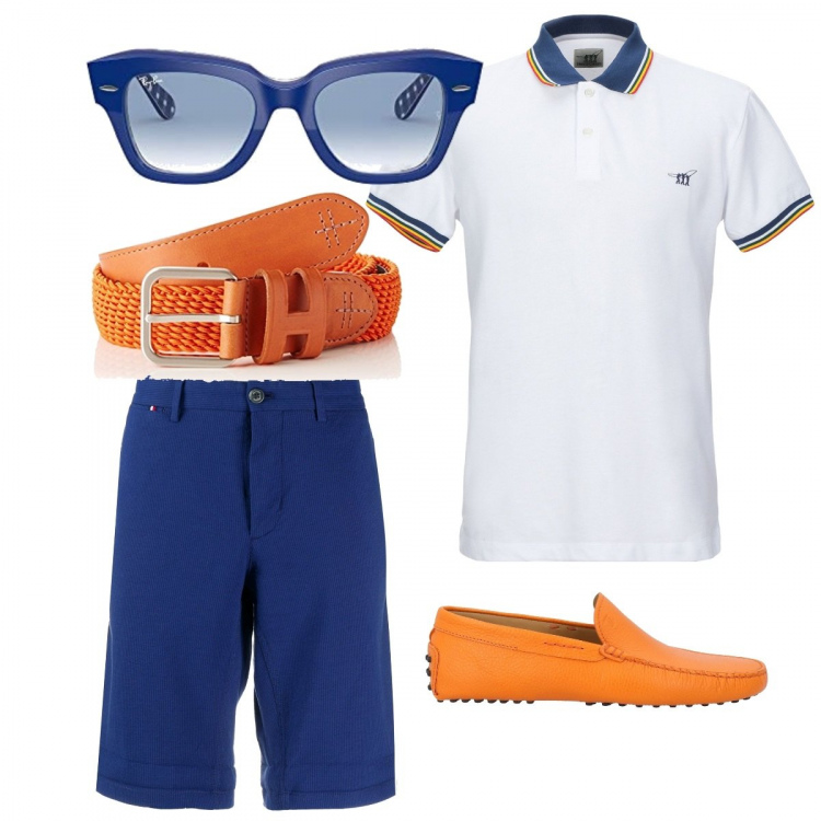 Outfit uomo - L'eleganza è nei dettagli. Stile Casual per Tutti i giorni. Abbinamento con bermuda, polo, scarpe stringate, cinture, occhiali da sole.