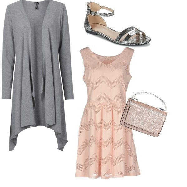 Outfit donna - Bon Ton #5238. Stile Bon Ton per Serata fuori. Abbinamento con cardigans, vestito corto a trapezio con pizzo collo a v interno foderato tinta unita, sandali argento, pochette con manico e zip con tasca interna.