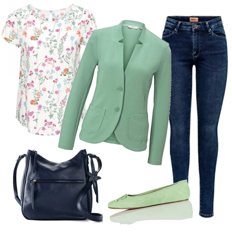 Outfit donna - Basic #18065. Stile Basic per Scuola/Università. Abbinamento con bluse, borse a tracolla, blazer, jeans, ballerine.