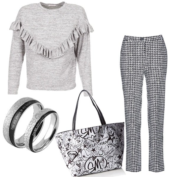 Outfit donna - Basic #7322. Stile Basic per Tutti i giorni. Abbinamento con pantalone fantasia stretto con zip bianco, borsa a mano cartella con stampa multicolore.