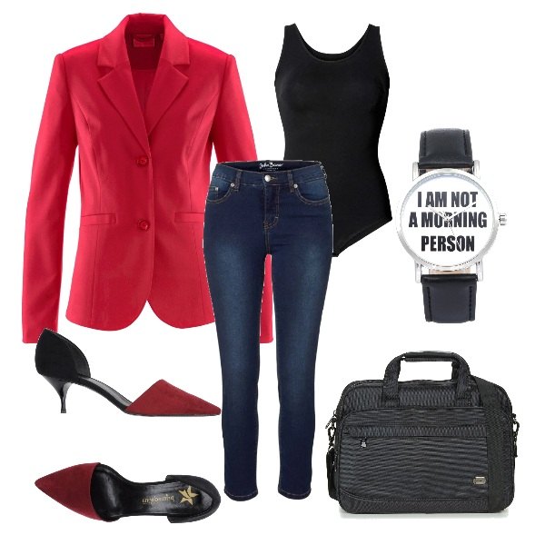 Outfit donna - I am not a morning person. Stile Urban per Ufficio. Abbinamento con body, blazer, jeans, décolleté fantasia effetto scamosciato interno foderato a punta, borsa nero, orologio con cinturino nero.