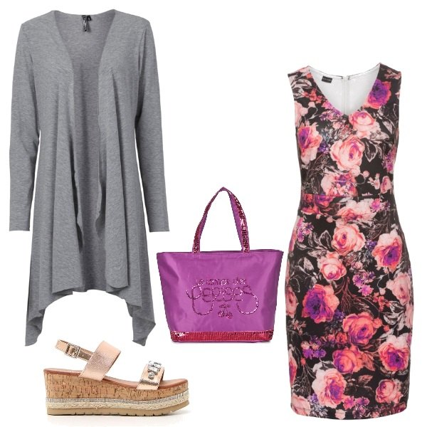 Outfit donna - Basic #7320. Stile Basic per Tutti i giorni. Abbinamento con cardigans, vestito fantasia floreale con scollo e zip nero, borsa glitter viola, sandali, sabot, mules e ciabattine trendy.